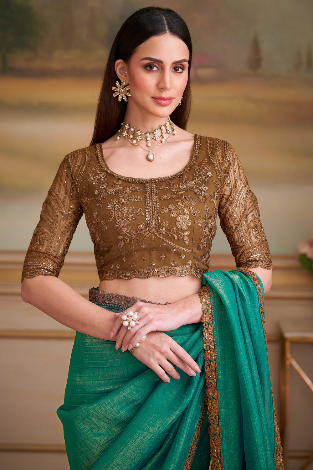 Sea Green Pure Georgette Silk With Floral Sequins Saree 