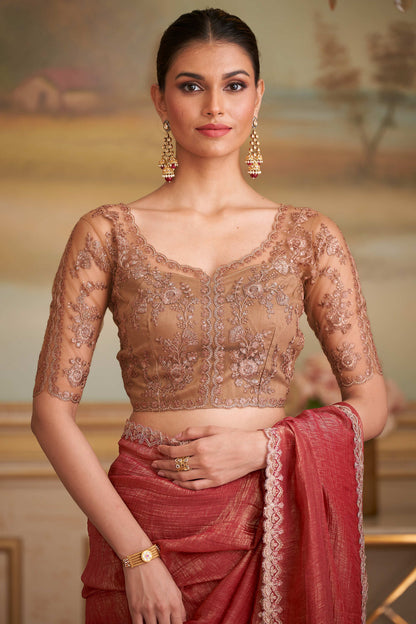 Brick Red Pure Georgette Silk With Floral Sequins Saree 