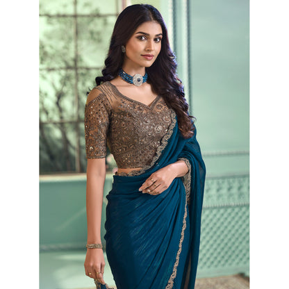 Teal Pure Georgette Burberry Silk With Floral Sequins Saree 