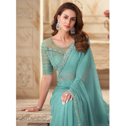 Turquoise Pure Georgette Burberry Silk With Floral Sequins Saree 
