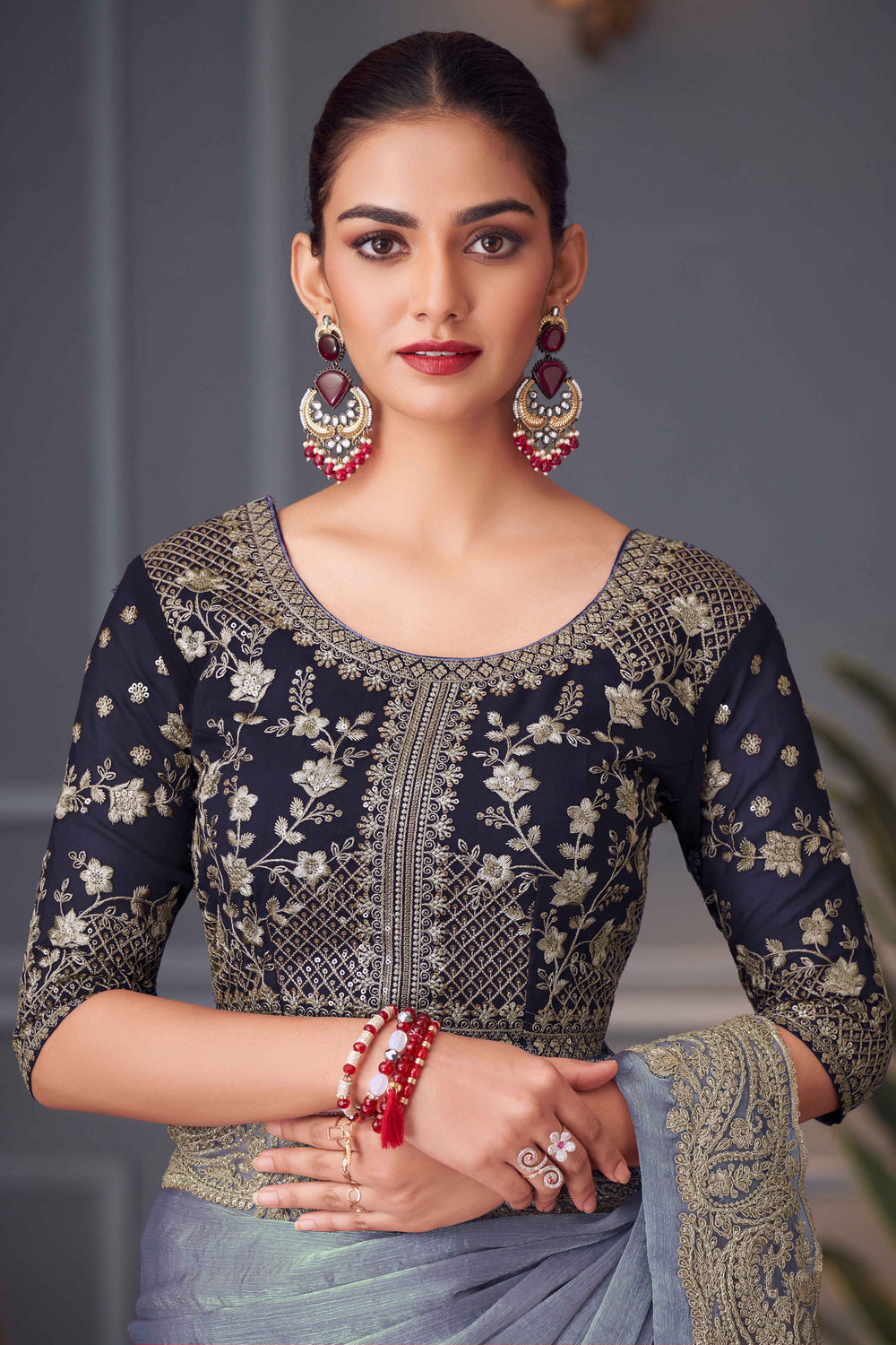 Grey Pure Georgette Chiffon With Embroidery Sequins Saree 