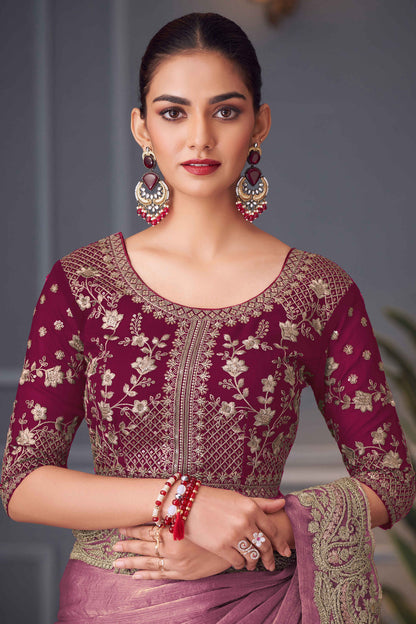 Mauve Pure Georgette Chiffon With Embroidery Sequins Saree 