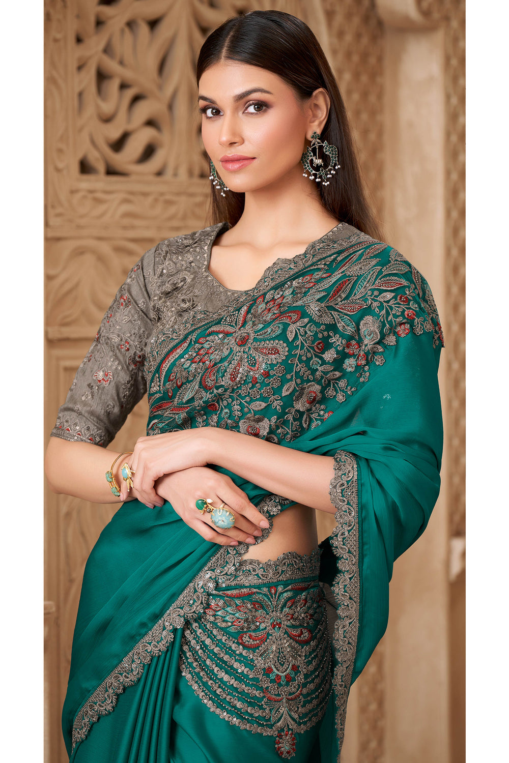 Rama Green Pure Soft Satin Elegant Embroidered Work Satin Saree 