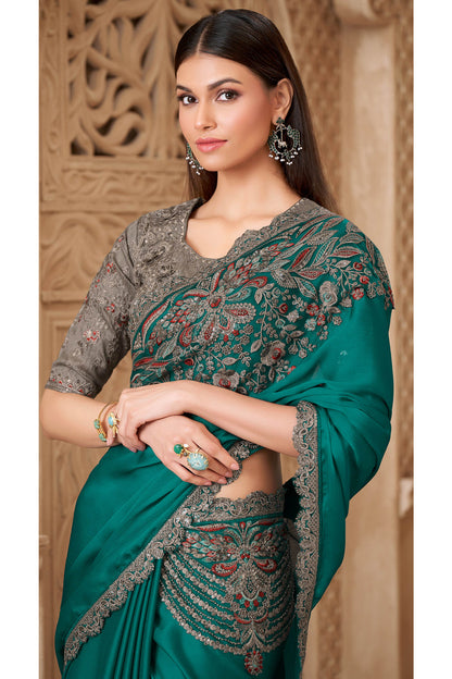 Rama Green Pure Soft Satin Elegant Embroidered Work Satin Saree 