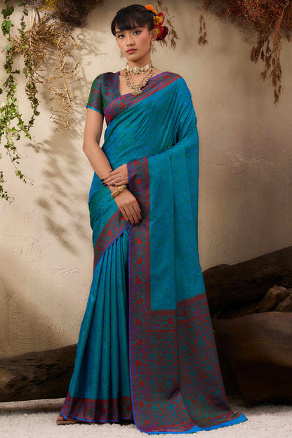 Teal Pure Silk Kanjivaram Handloom Banarasi Saree 