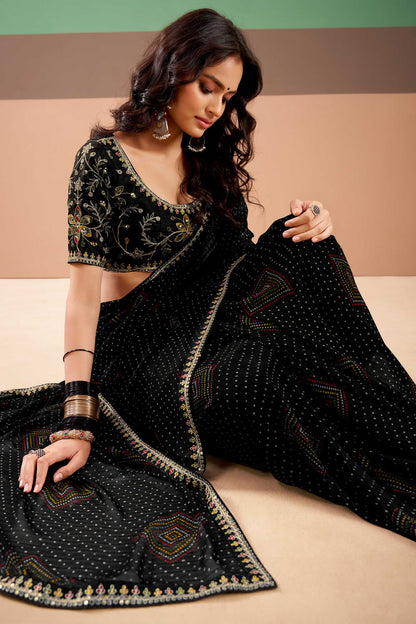 Black Pure Georgette Chiffon Bandhani Print Saree 
