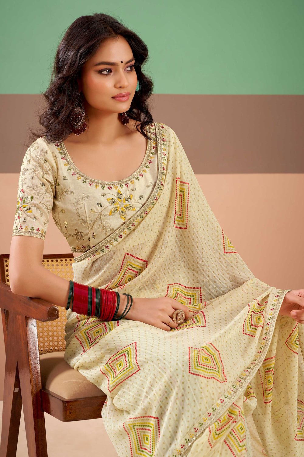 Cream Pure Georgette Chiffon Bandhani Print Saree 
