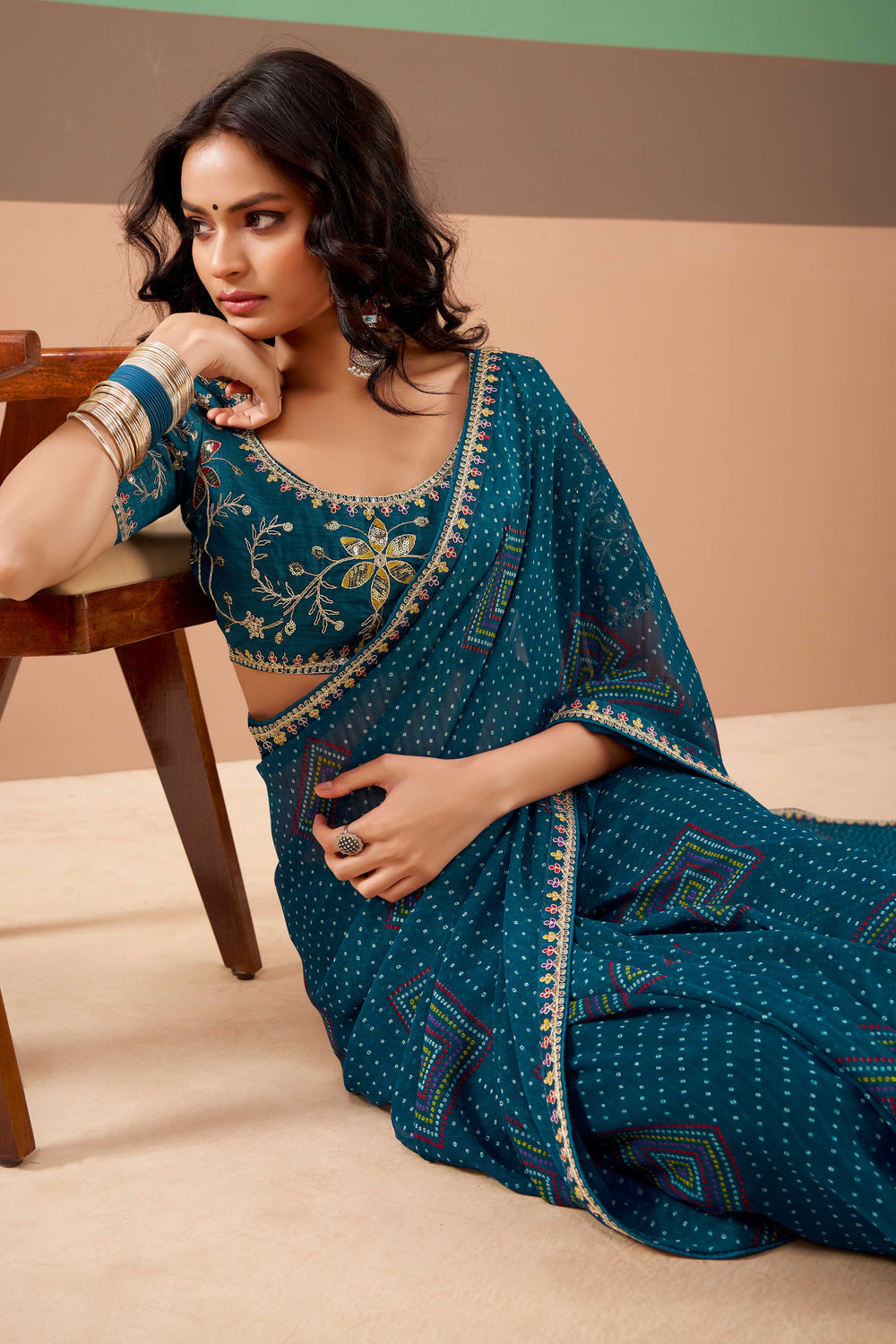 Teal Pure Georgette Chiffon Bandhani Print Saree