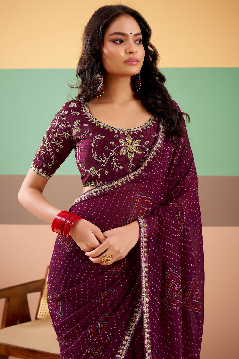 Wine Pure Georgette Chiffon Bandhani Print Saree