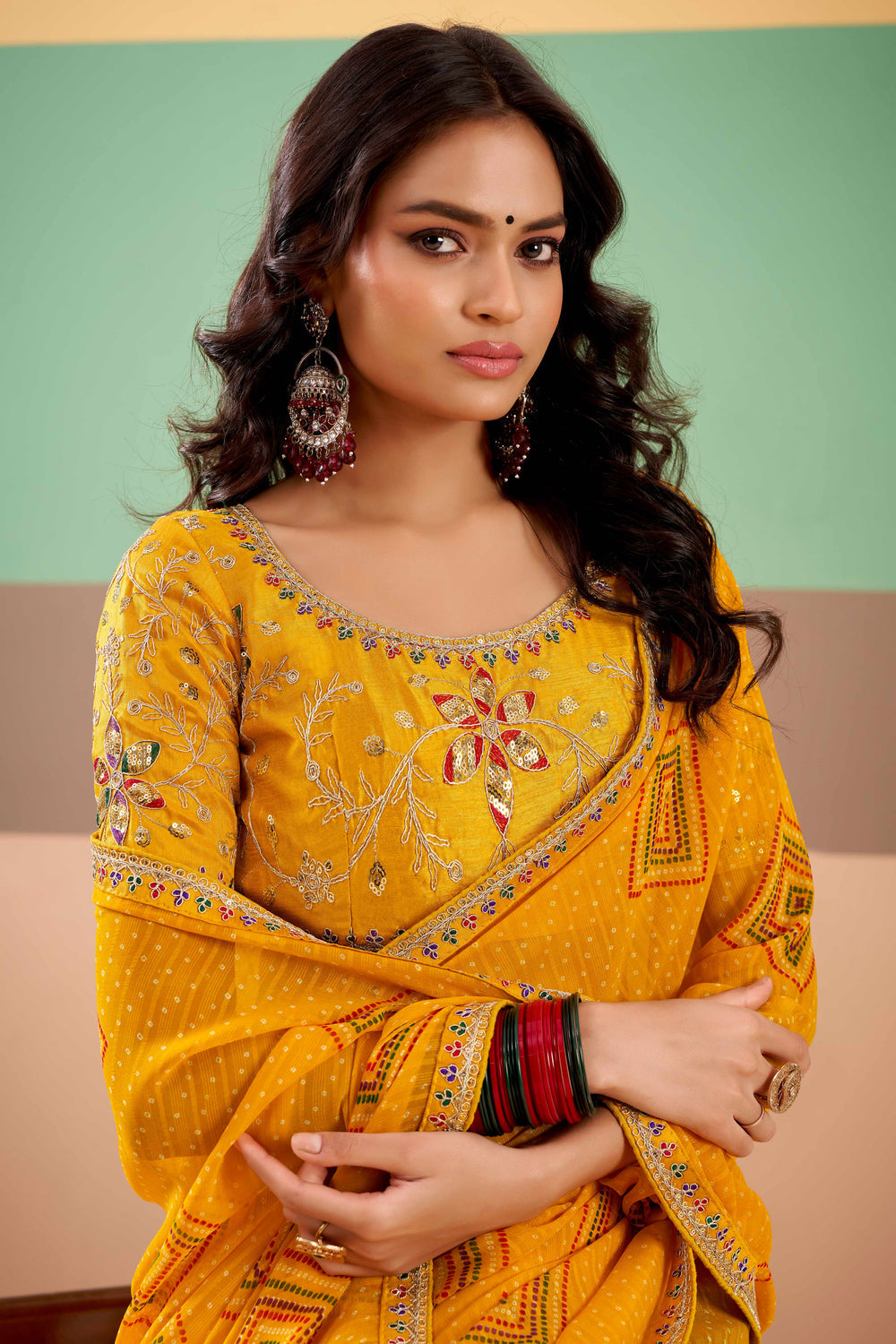 Mustard Pure Georgette Chiffon Bandhani Print Saree 