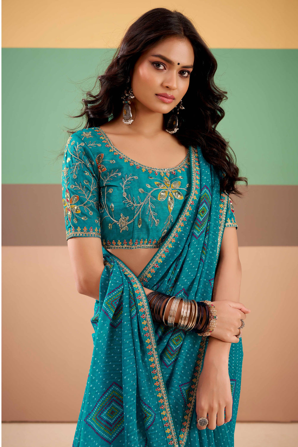 Blue Pure Georgette Chiffon Bandhani Print Saree 