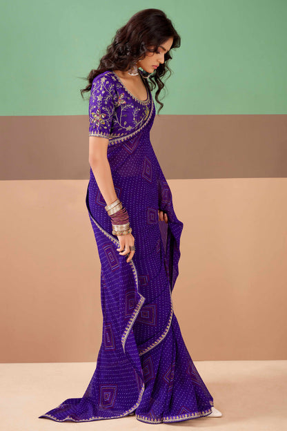 Purple Pure Georgette Chiffon Bandhani Print Saree 