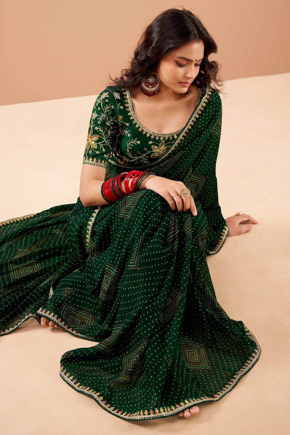 Bottle Green Pure Georgette Chiffon Bandhani Print Saree