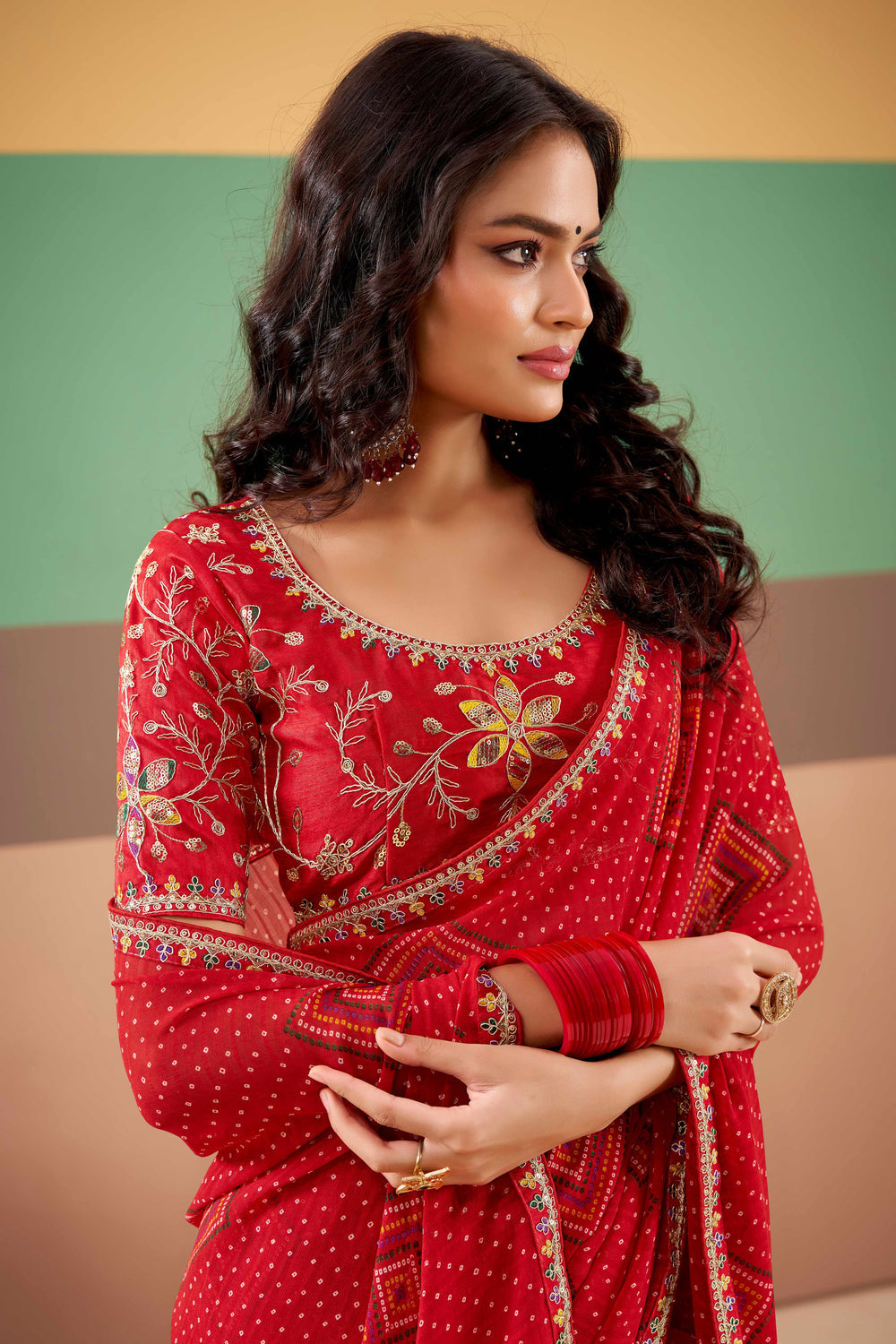 Red Pure Georgette Chiffon Bandhani Print Saree 