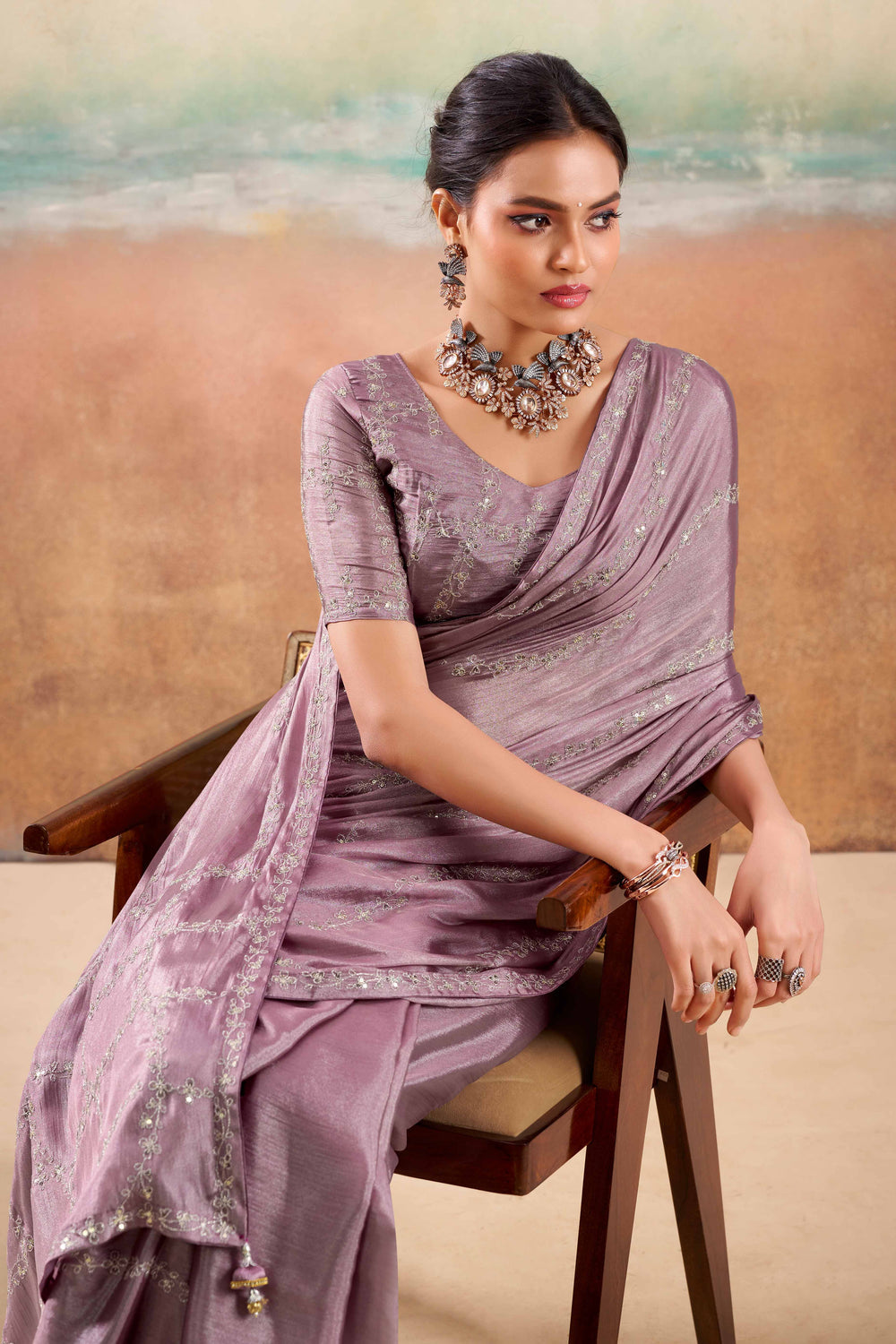 Dusty Purple Two Tone Chiffon Saree ##color## Chiffon Sarees with premium fabric and embroidery