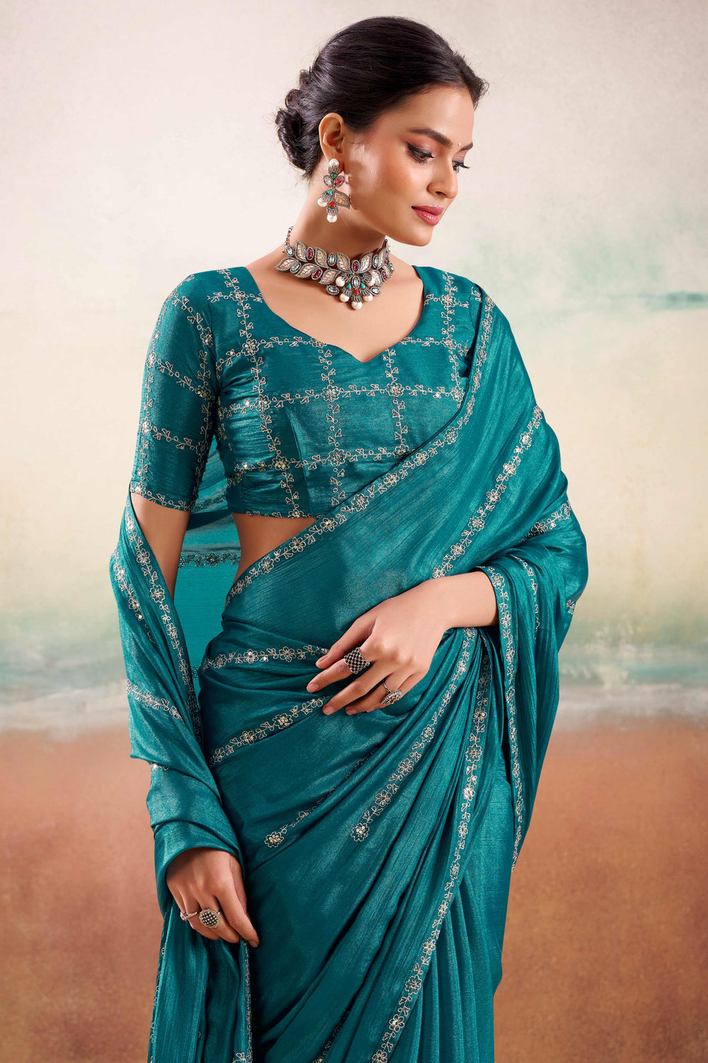 Teal Two Tone Chiffon Saree ##color## Chiffon Sarees with premium fabric and embroidery