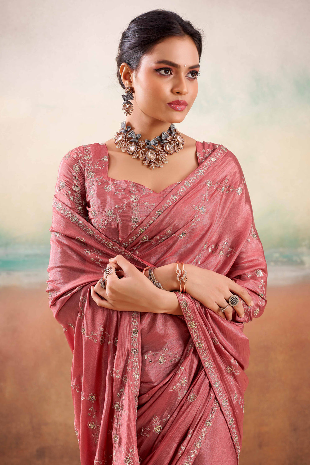 Dusty Pink Two Tone Chiffon Saree 