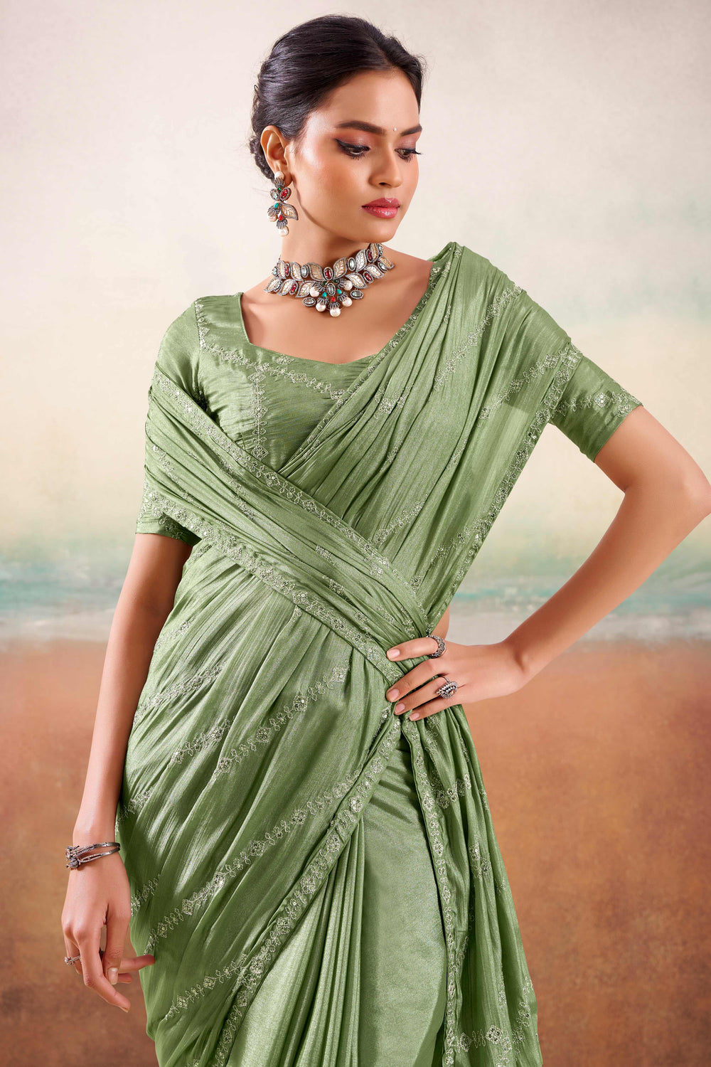 Green Two Tone Chiffon Saree 