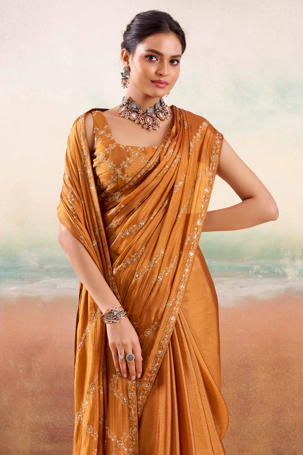 Burnt Orange Two Tone Chiffon Saree 