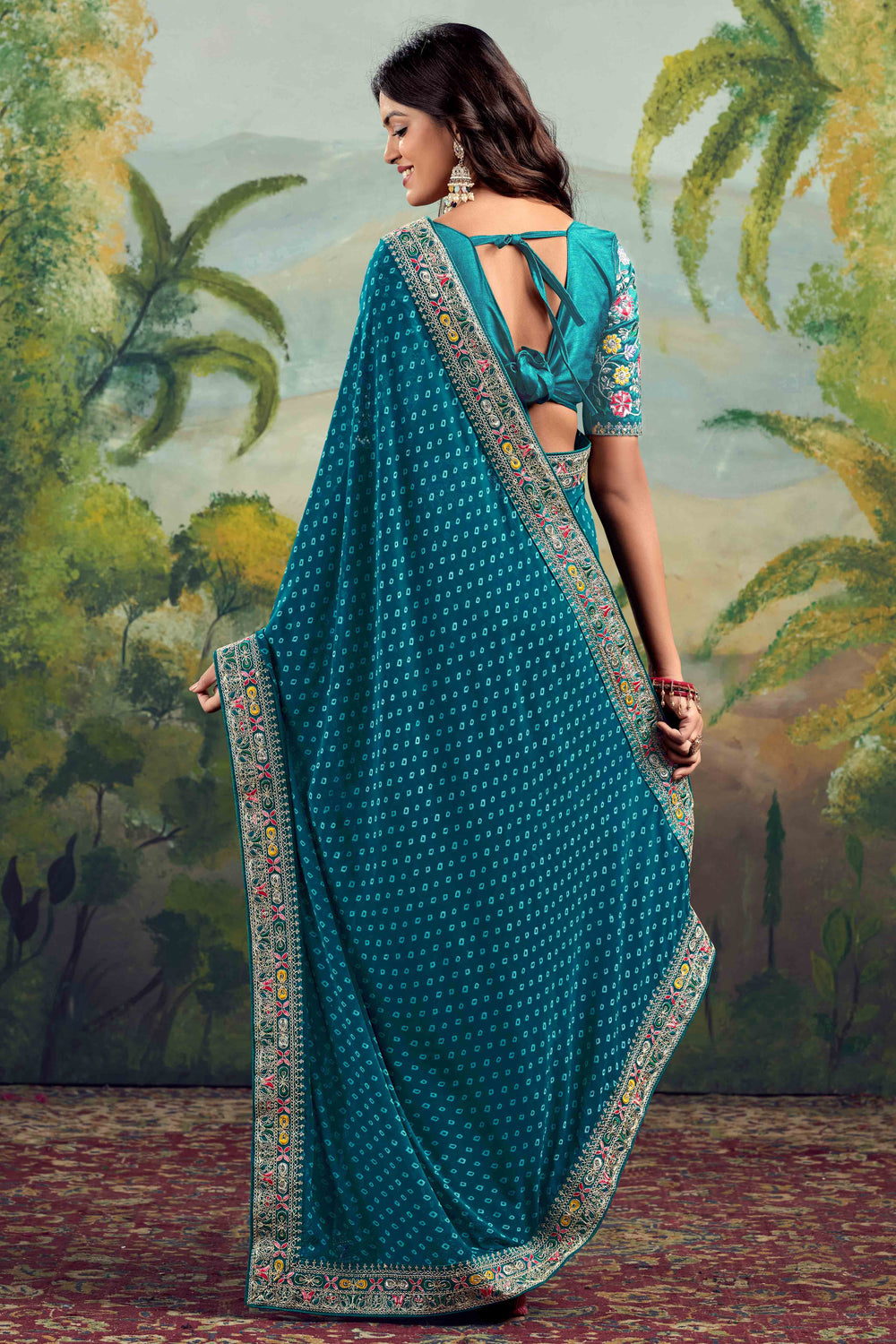 Teal Bandhani Printed Georgette Saree With Embroidered Border 
