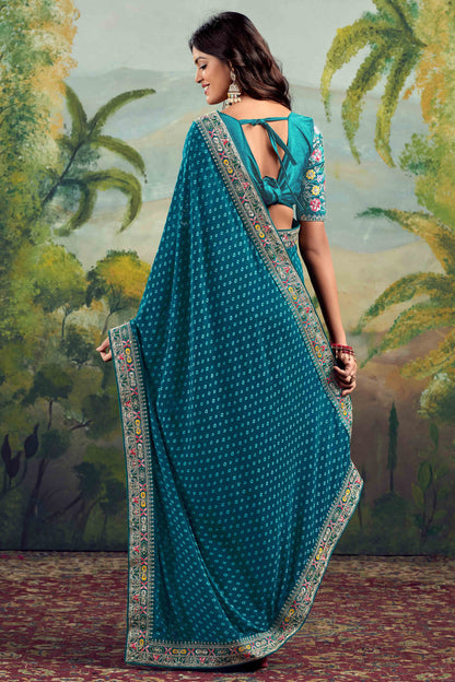 Teal Bandhani Printed Georgette Saree With Embroidered Border 