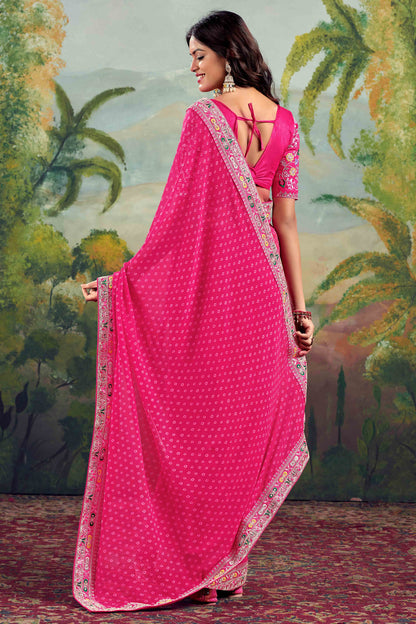 Pink Bandhani Printed Georgette Saree With Embroidered Border 