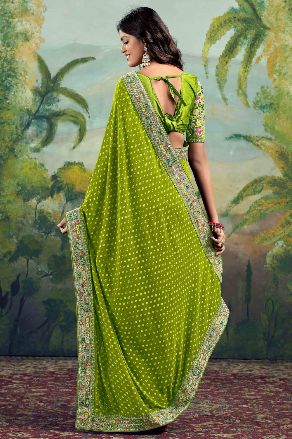 Green Bandhani Printed Georgette Saree With Embroidered Border ##color## Georgette Saree with premium fabric and embroidery