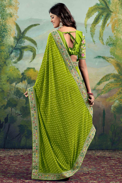 Green Bandhani Printed Georgette Saree With Embroidered Border 