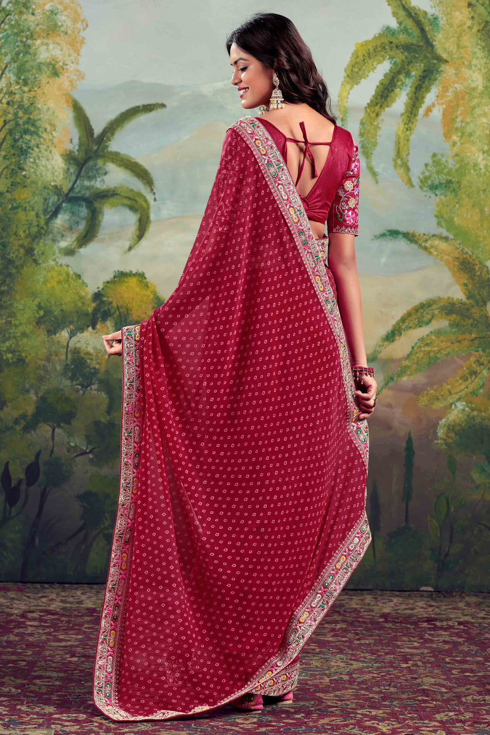 Maroon Bandhani Printed Georgette Saree With Embroidered Border 