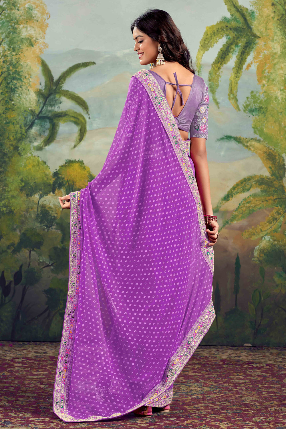Lavender Bandhani Printed Georgette Saree With Embroidered Border 