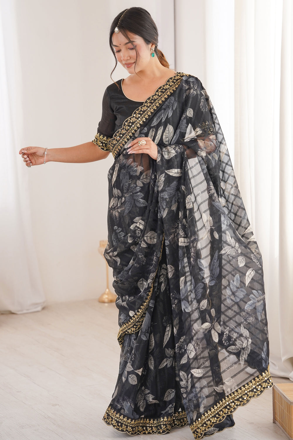 Black Pure Georgette Floral Print Sequins Saree 