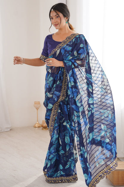 Blue Pure Georgette Floral Print Sequins Saree 