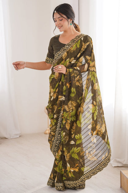 Green Pure Georgette Floral Print Sequins Saree 