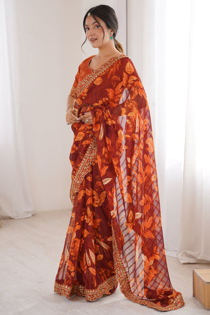 Rust Pure Georgette Floral Print Sequins Saree 