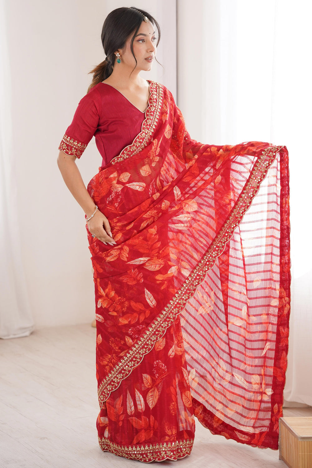 Red Pure Georgette Floral Print Sequins Saree 
