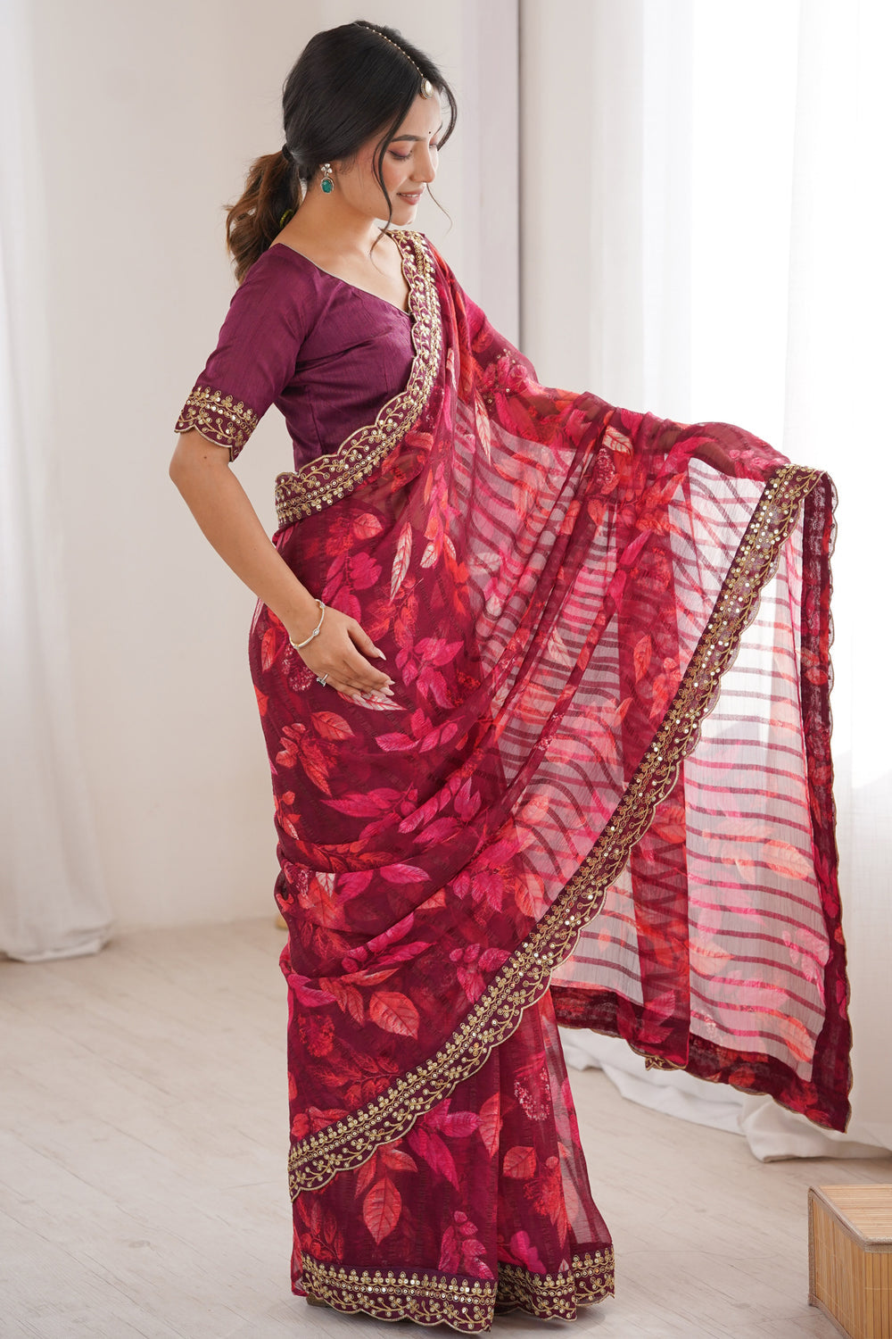 Wine Pure Georgette Floral Print Sequins Saree 