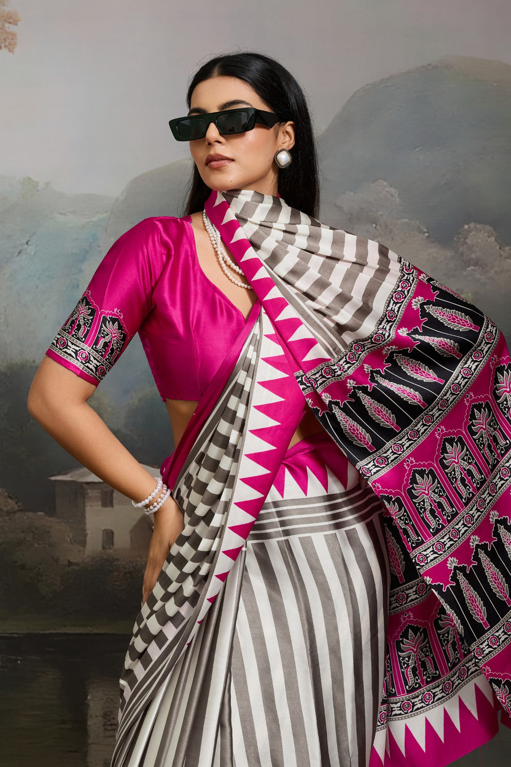 White and Pink Pure Ajrakh Printed Satin Crepe Silk Saree 