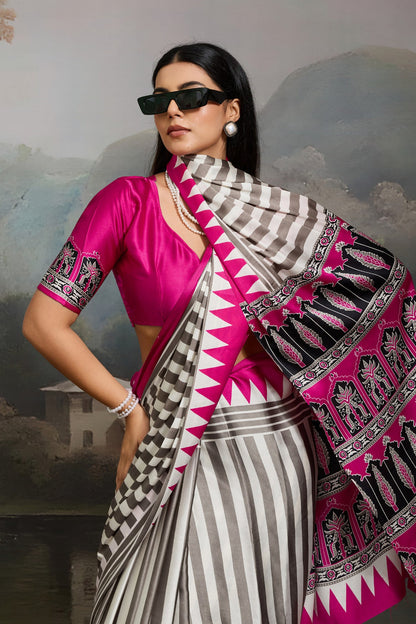 White and Pink Pure Ajrakh Printed Satin Crepe Silk Saree 