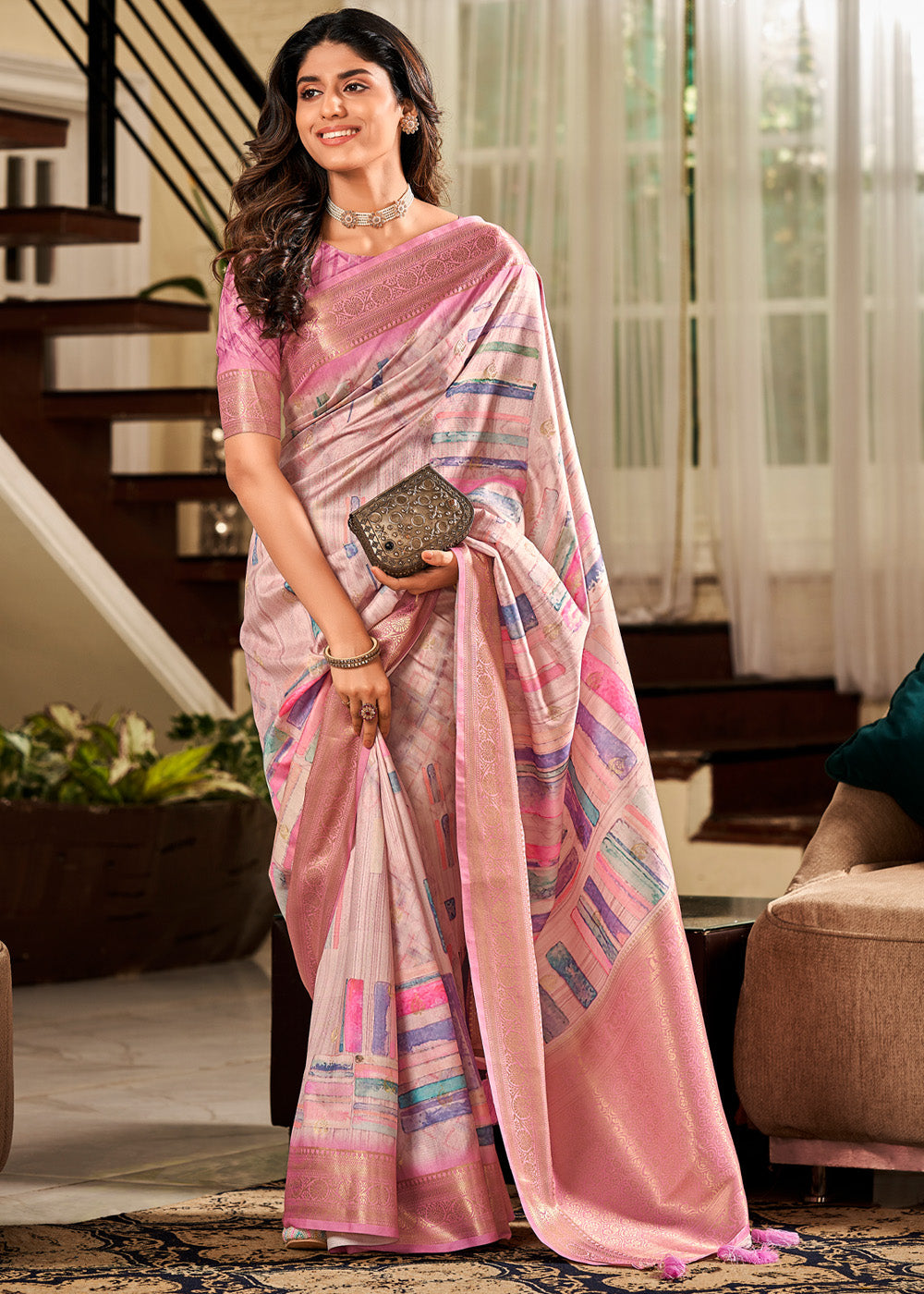 Pink Banarasi Digital Printed Soft Silk Saree