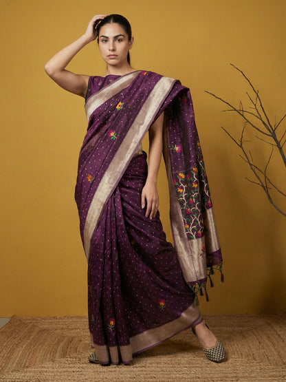 Wine Pure Organza Silk Meenakari Jamdani Zari Woven Organza Saree