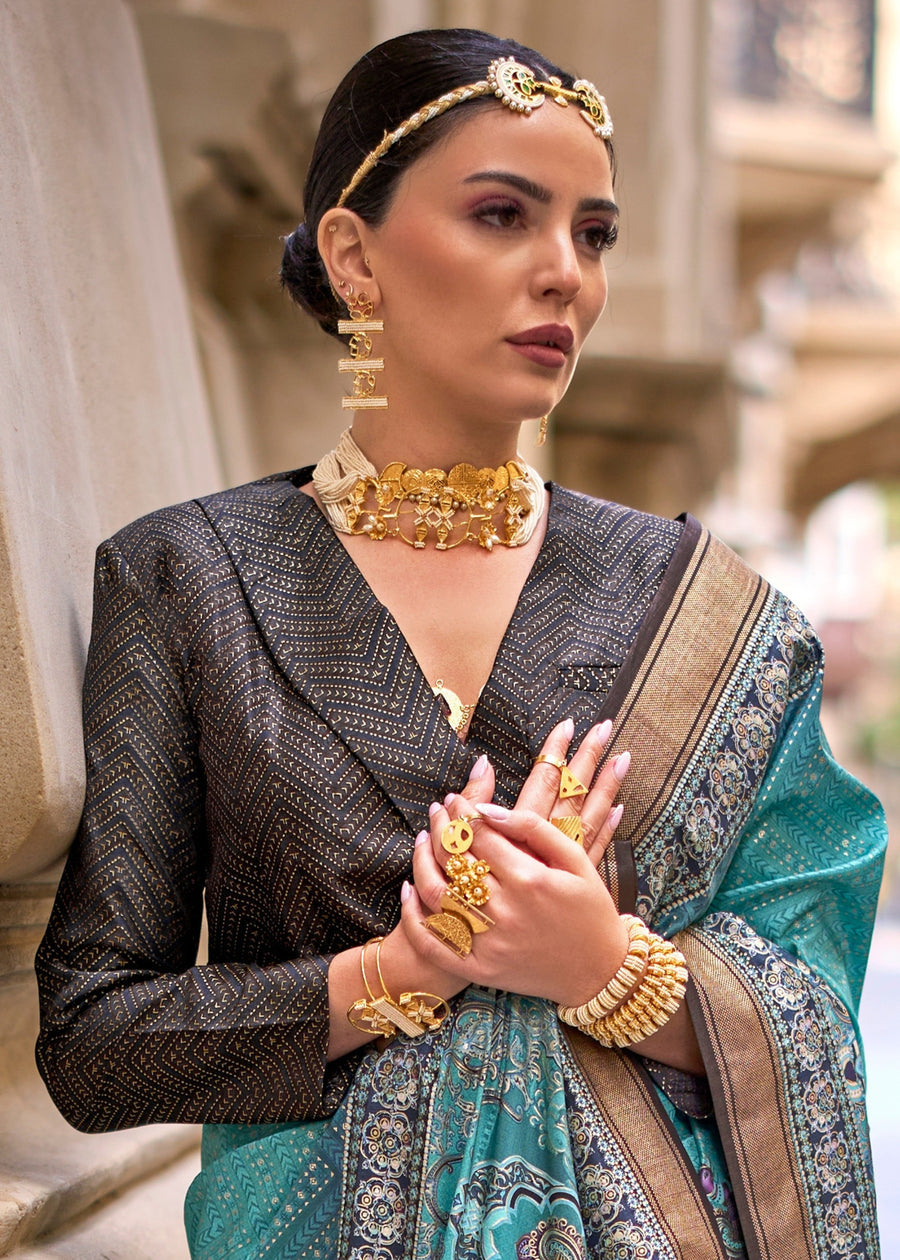 Blue Pure Viscose Silk Blend Foil Print Saree