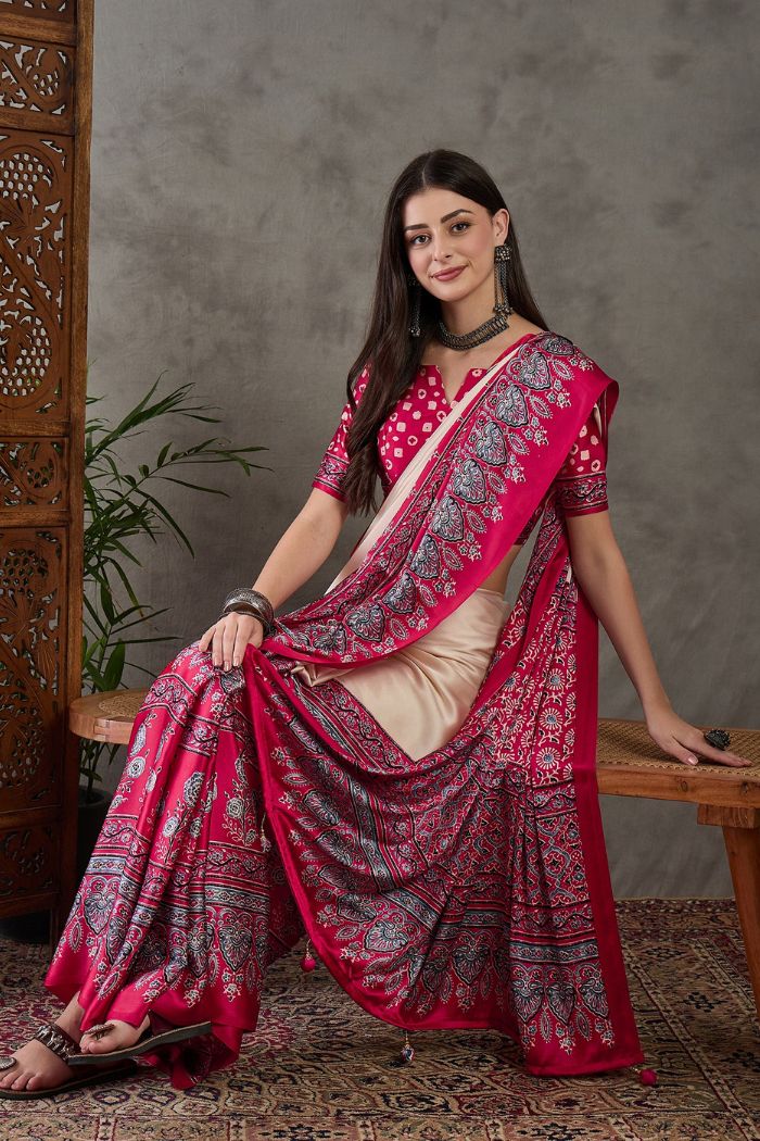 Cream and Red Pure Soft Modal Satin Ajrakh Print Satin Saree Japan Satin Saree Anant Tex Exports Pvt.Ltd..