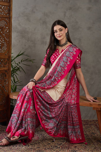 Cream and Red Pure Soft Modal Satin Ajrakh Print Satin Saree Japan Satin Saree Anant Tex Exports Pvt.Ltd..