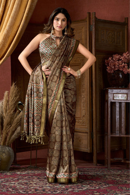 Forest Green Pure Cluster Silk Ajarkh Digital Printed Saree 