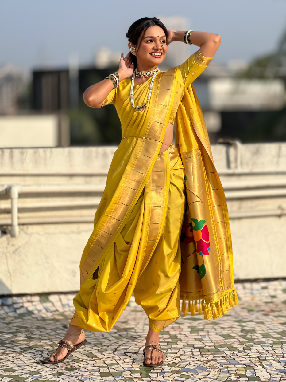 Yellow Wedding Special Nauvari Paithani Soft Silk Saree 