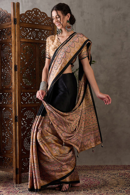 Ebony Black Pure Soft Modal Satin Ajrakh Print Satin Saree Japan Satin Saree Anant Tex Exports Pvt.Ltd..
