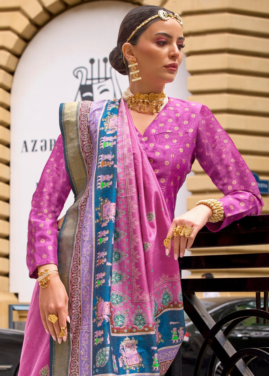 Pink Pure Viscose Silk Blend Foil Print Saree