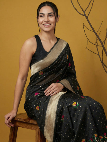 Black Pure Organza Silk Meenakari Jamdani Zari Woven Organza Saree