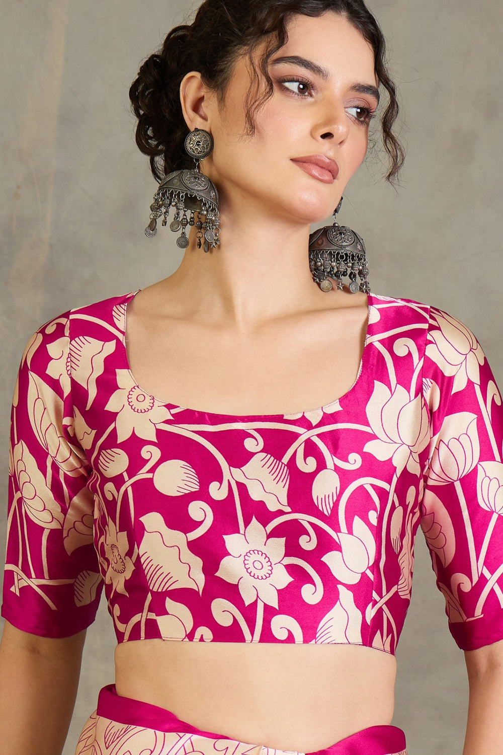 Pink Kalamkari Printed Satin Silk Saree 