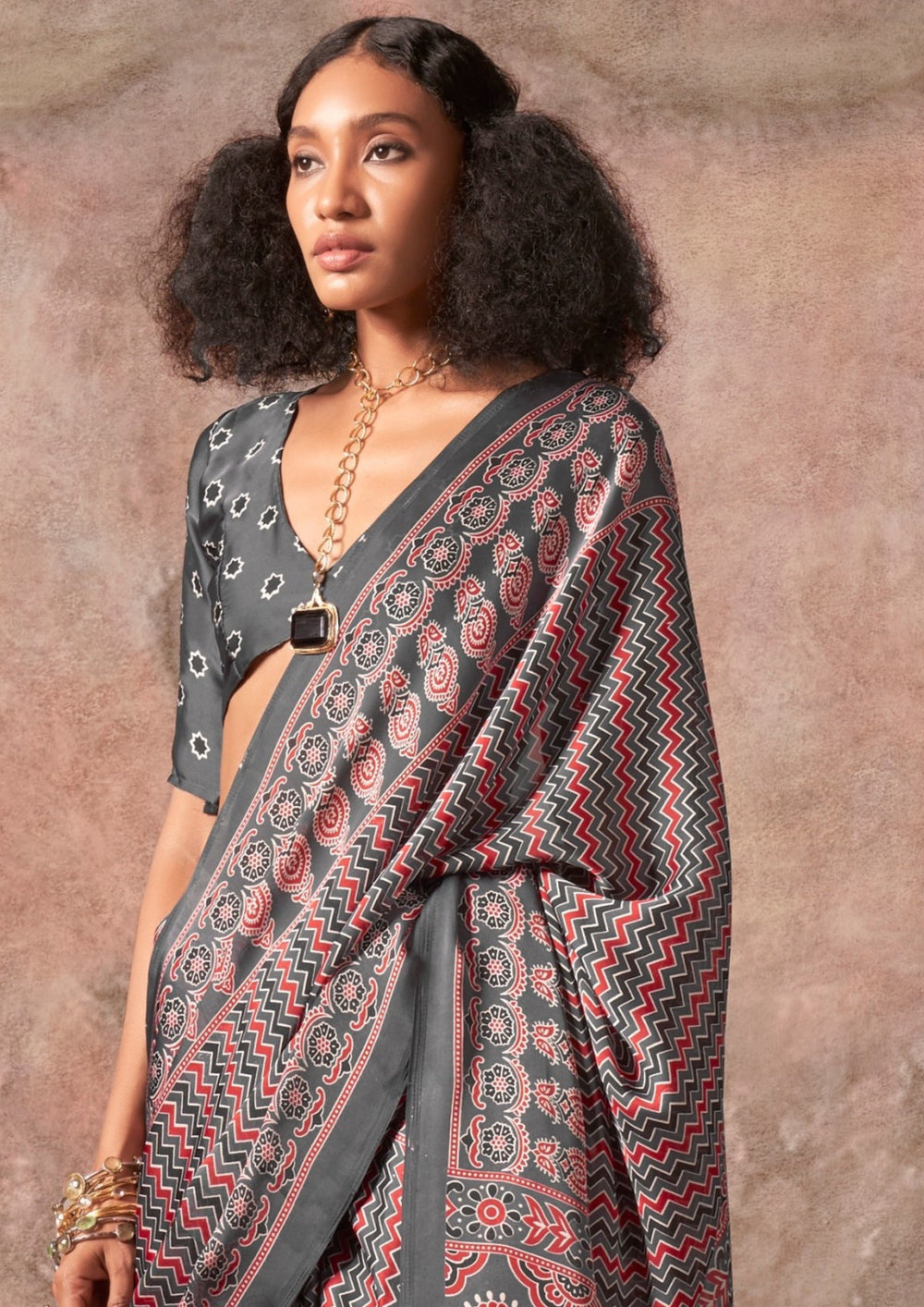 Grey Ajrakh Printed Satin Georgette Silk Saree 